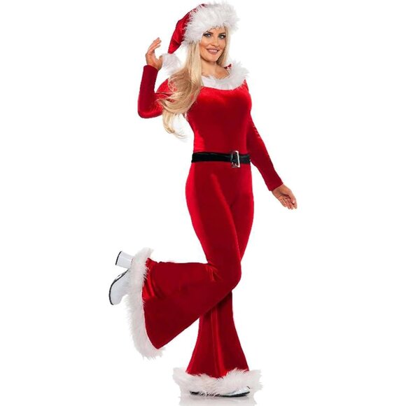 Womens Santa Claus Jumpsuit Christmas Velvet Romper with Hat Belt Cosplay - Picture 2 of 8